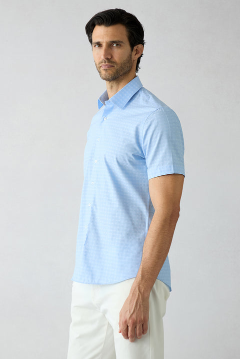 Light Blue Short Sleeve Slim Fit Patterned Cotton Shirt