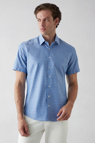  Koyu Mavi  Kısa Kol Slim Fit Desenli Cepli %100 Pamuk Gömlek