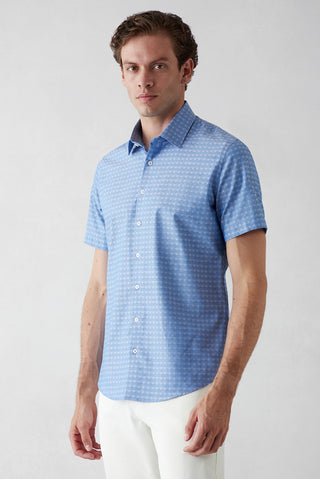  Koyu Mavi  Kısa Kol Slim Fit Desenli Cepli %100 Pamuk Gömlek