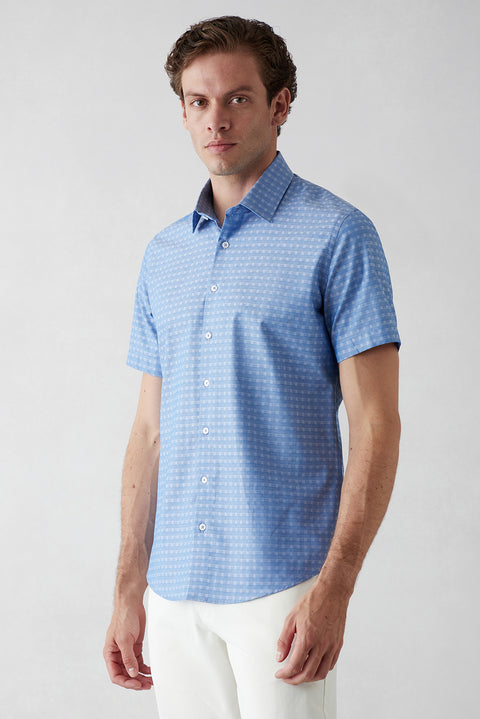 Dark Blue Short Sleeve Slim Fit Patterned Cotton Shirt