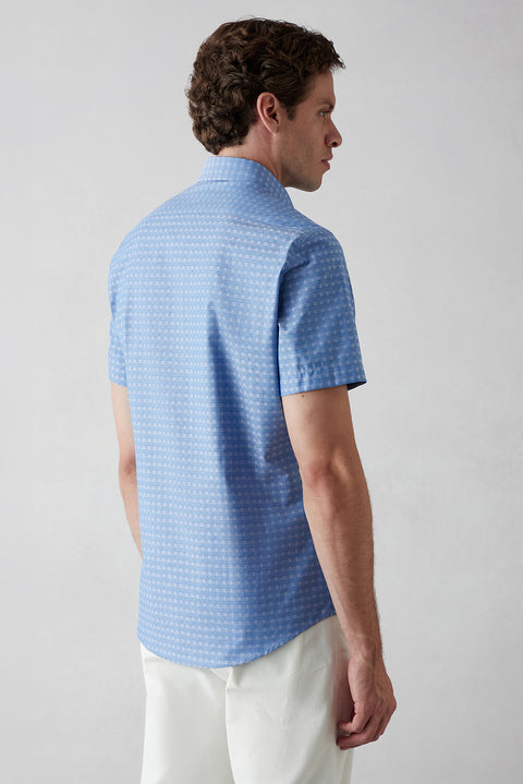 Dark Blue Short Sleeve Slim Fit Patterned Cotton Shirt