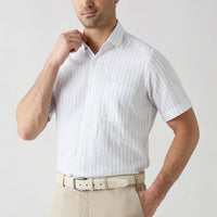 Mid Grey Short Sleeve Regular Fit Cotton Linen Striped Pocket Shirt