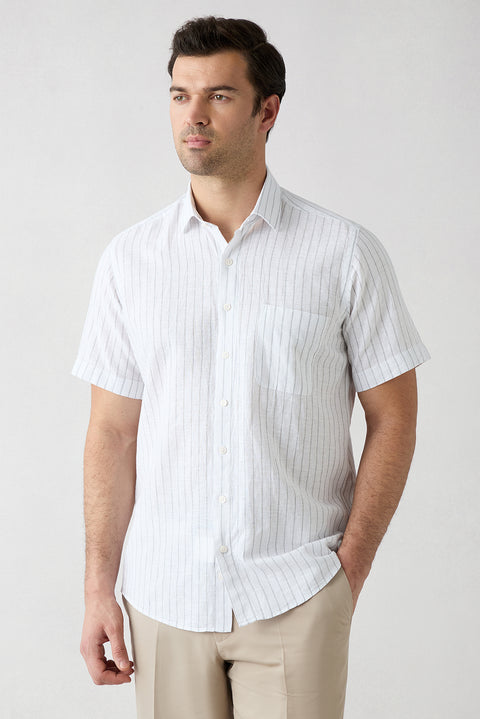Mid Grey Short Sleeve Regular Fit Cotton Linen Striped Pocket Shirt