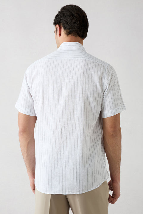 Mid Grey Short Sleeve Regular Fit Cotton Linen Striped Pocket Shirt