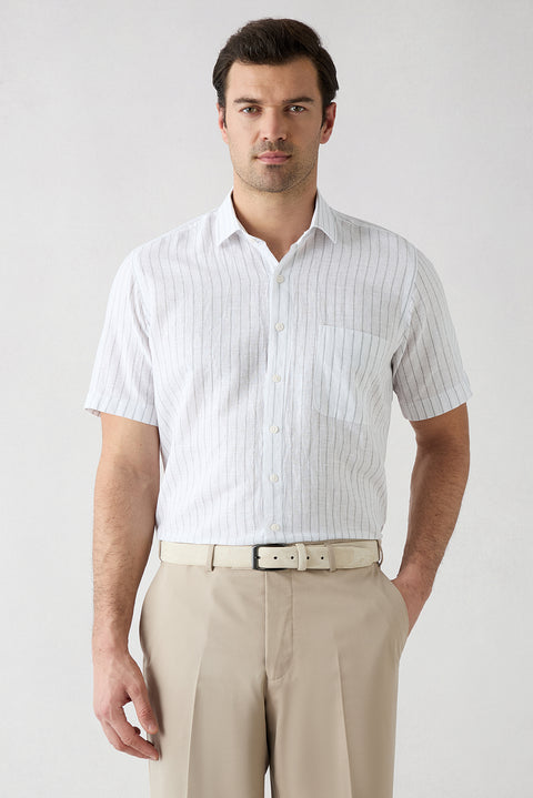 Mid Grey Short Sleeve Regular Fit Cotton Linen Striped Pocket Shirt