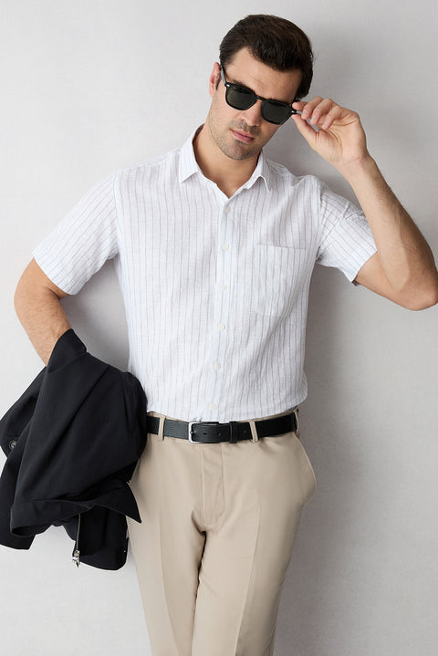 Mid Grey Short Sleeve Regular Fit Cotton Linen Striped Pocket Shirt