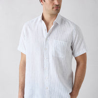 Mid-Navy Short Sleeve Regular Fit Cotton Linen Striped Pocketed Shirt