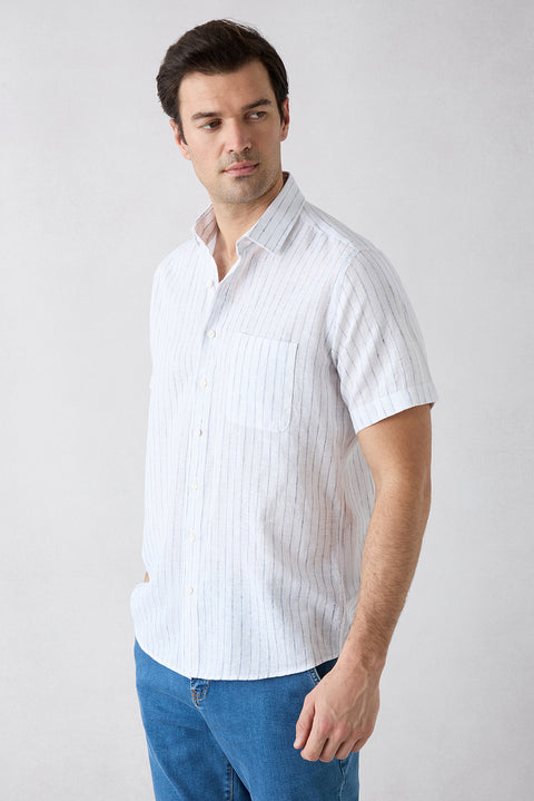 Mid-Navy Short Sleeve Regular Fit Cotton Linen Striped Pocketed Shirt