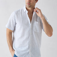 Dark Navy Short Sleeve Regular Fit Cotton Linen Striped Pocket Shirt