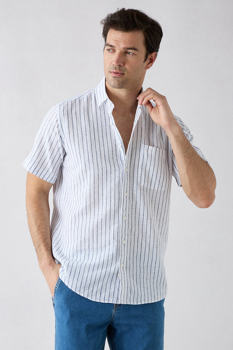 Dark Navy Short Sleeve Regular Fit Cotton Linen Striped Pocket Shirt