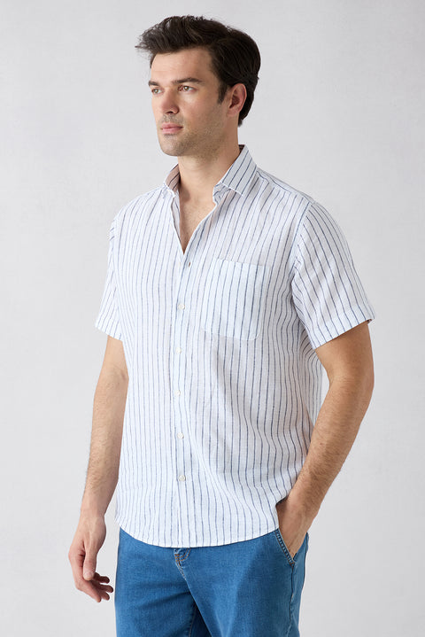 Dark Navy Short Sleeve Regular Fit Cotton Linen Striped Pocket Shirt