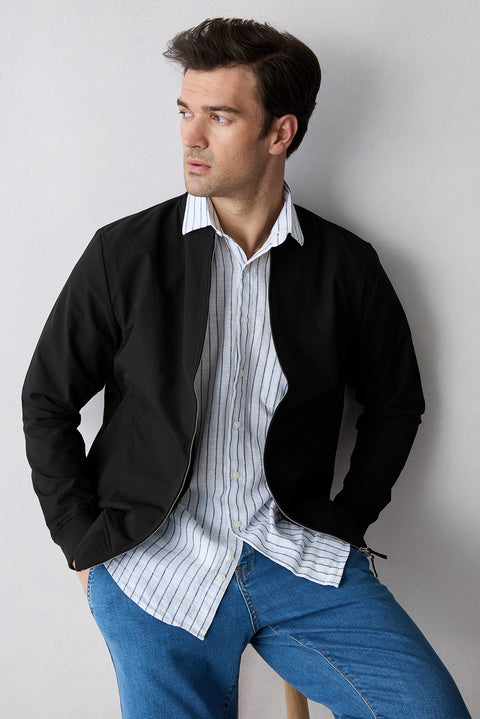 Dark Navy Short Sleeve Regular Fit Cotton Linen Striped Pocket Shirt