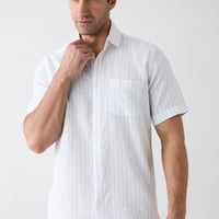 Light Brown Short Sleeve Regular Fit Cotton Linen Striped Pocket Shirt