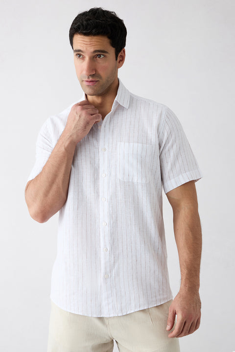 Light Brown Short Sleeve Regular Fit Cotton Linen Striped Pocket Shirt