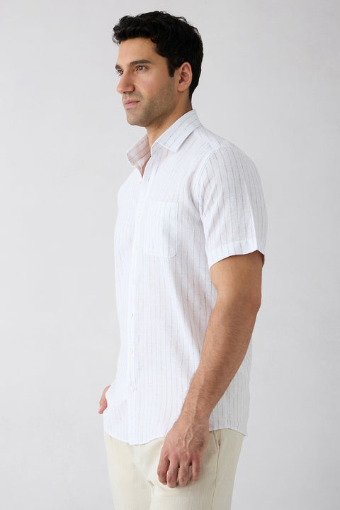 Light Brown Short Sleeve Regular Fit Cotton Linen Striped Pocket Shirt