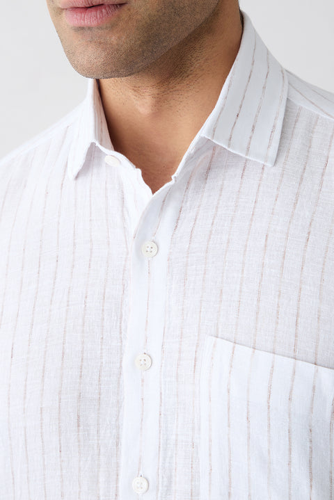 Light Brown Short Sleeve Regular Fit Cotton Linen Striped Pocket Shirt