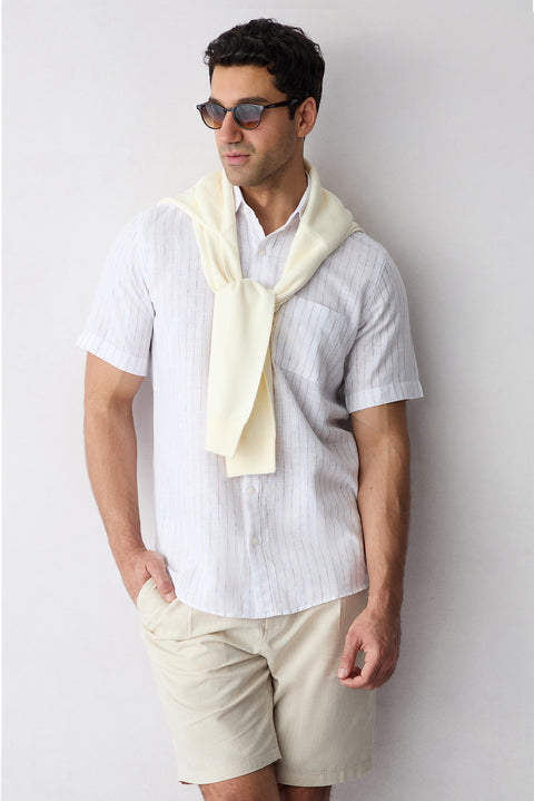 Light Brown Short Sleeve Regular Fit Cotton Linen Striped Pocket Shirt