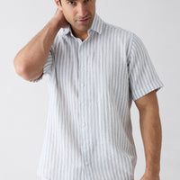 Medium Grey Short Sleeve Regular Fit Cotton Linen Striped Shirt