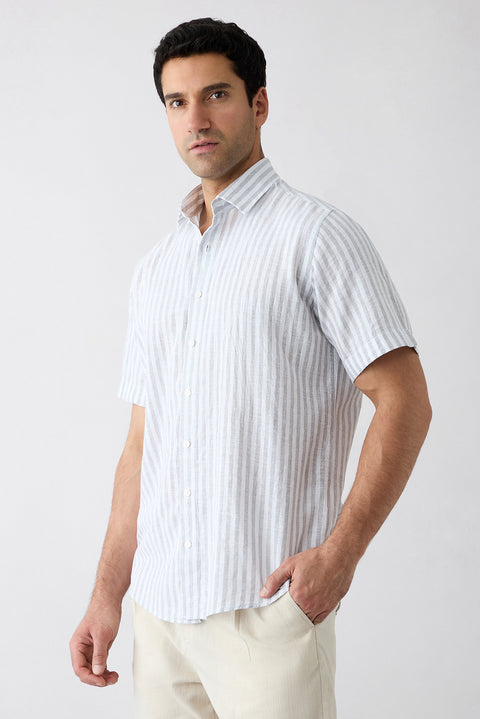 Medium Grey Short Sleeve Regular Fit Cotton Linen Striped Shirt