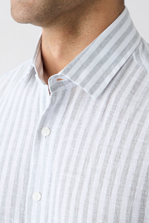 Medium Grey Short Sleeve Regular Fit Cotton Linen Striped Shirt