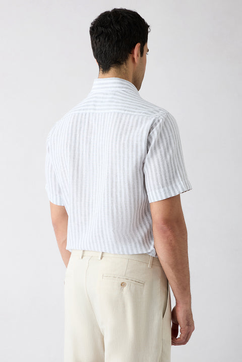 Medium Grey Short Sleeve Regular Fit Cotton Linen Striped Shirt