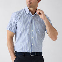 Dark Blue Short Sleeve Regular Fit Striped Pocket Cotton Easy-to-Iron Shirt