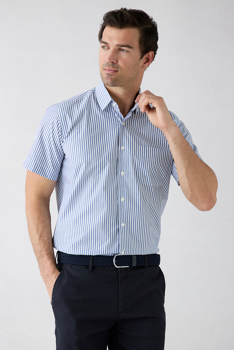 Dark Blue Short Sleeve Regular Fit Striped Pocket Cotton Easy-to-Iron Shirt