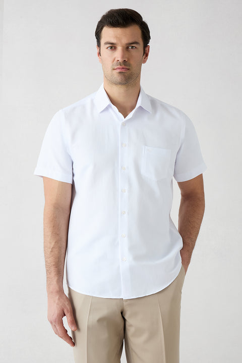 White Short-Sleeve Regular Fit Cotton Plain Shirt