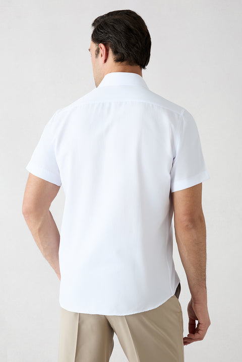 White Short-Sleeve Regular Fit Cotton Plain Shirt