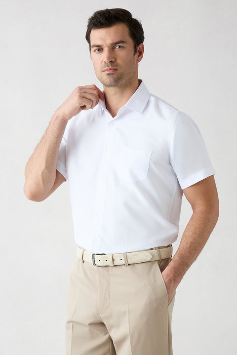 White Short-Sleeve Regular Fit Cotton Plain Shirt