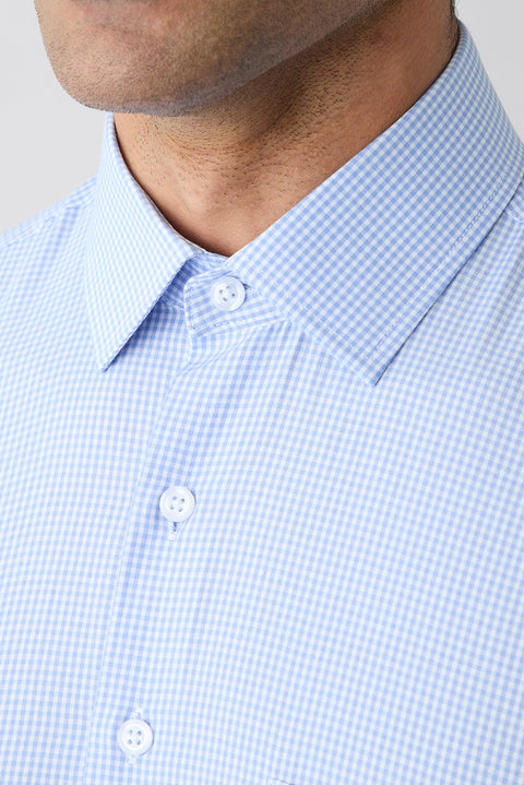 Light Blue Short Sleeve Regular Fit Cotton Plaid Shirt