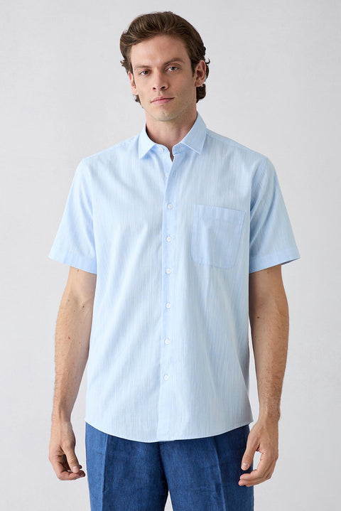 Light Blue Short Sleeve Regular Fit Cotton Plain Shirt
