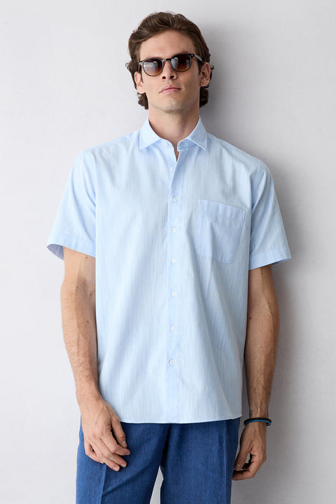 Light Blue Short Sleeve Regular Fit Cotton Plain Shirt