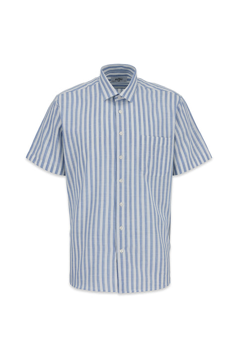 Light Blue Short Sleeve Regular Fit Cotton Striped Shirt