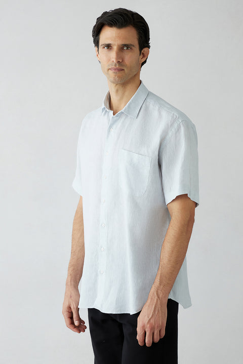 Light Grey Short Sleeve Regular Fit Linen Plain Shirt