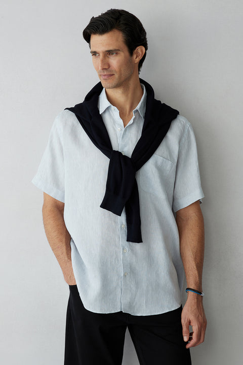 Light Grey Short Sleeve Regular Fit Linen Plain Shirt