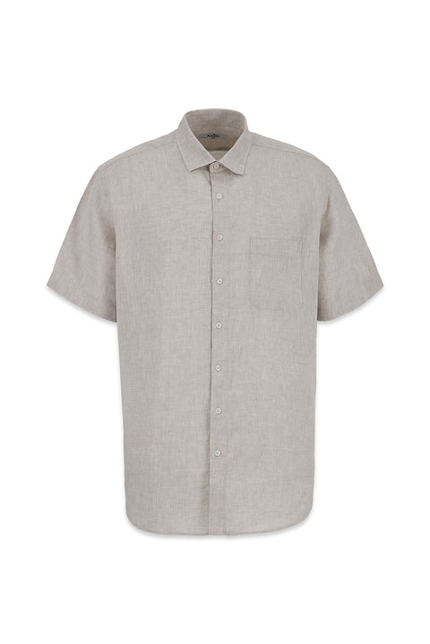 Medium Beige Short Sleeve Regular Fit Linen Plain Shirt