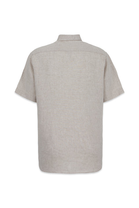 Medium Beige Short Sleeve Regular Fit Linen Plain Shirt