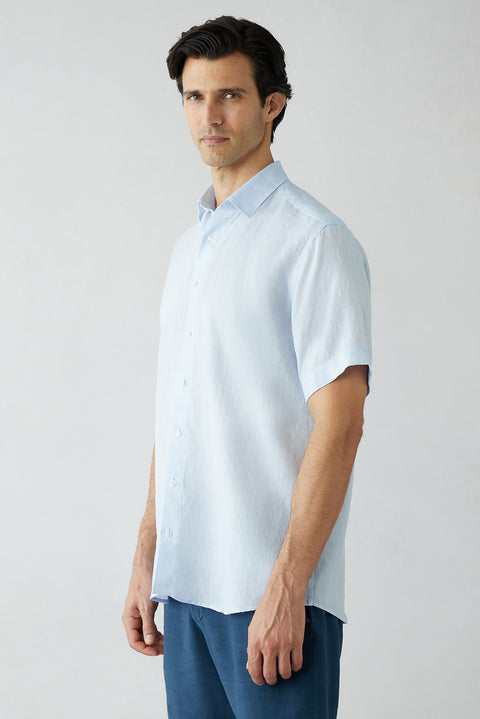 Light Blue Short Sleeve Regular Fit Linen Plain Shirt