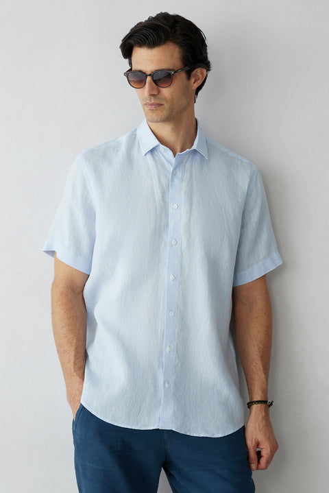 Light Blue Short Sleeve Regular Fit Linen Plain Shirt
