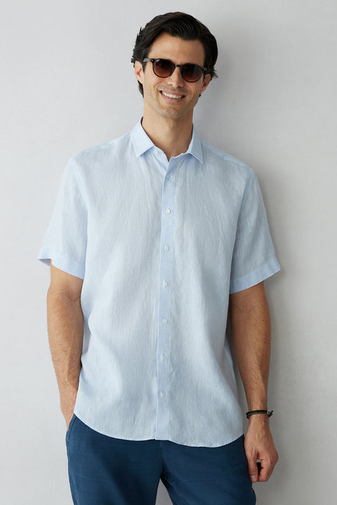 Light Blue Short Sleeve Regular Fit Linen Plain Shirt
