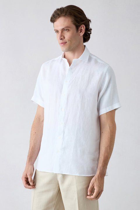 White Short Sleeve Regular Fit Linen Plain Shirt