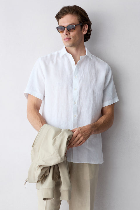 White Short Sleeve Regular Fit Linen Plain Shirt