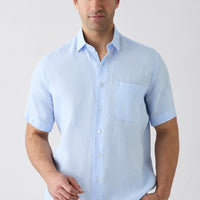 Light Blue Short Sleeve Regular Fit Linen Striped Shirt