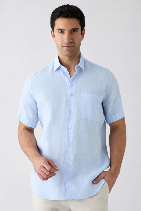 Light Blue Short Sleeve Regular Fit Linen Striped Shirt