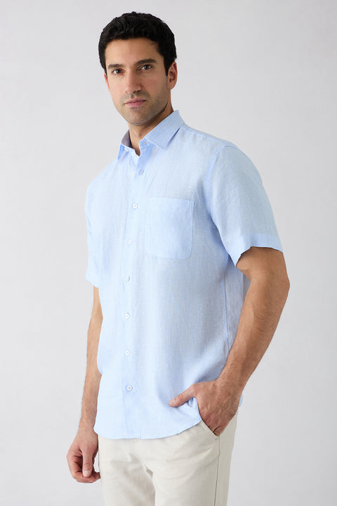 Light Blue Short Sleeve Regular Fit Linen Striped Shirt