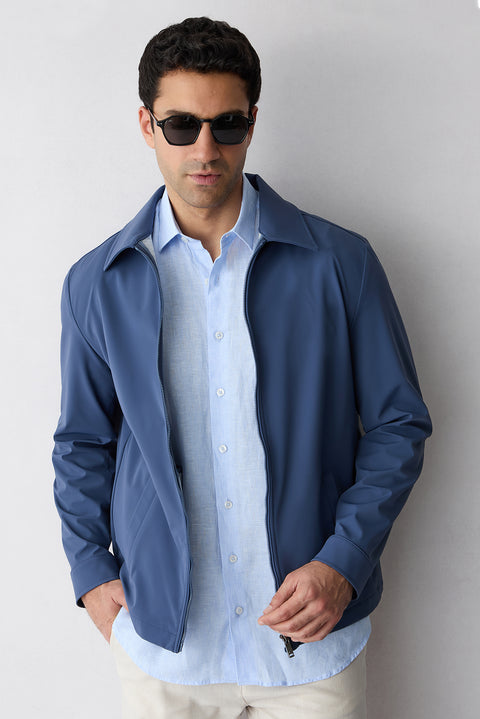 Light Blue Short Sleeve Regular Fit Linen Striped Shirt