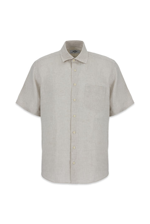 Light Beige Short Sleeve Regular Fit Linen Plain Shirt