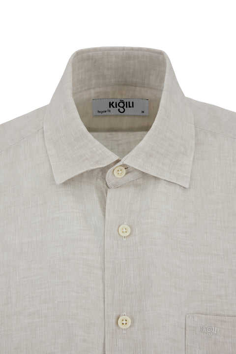 Light Beige Short Sleeve Regular Fit Linen Plain Shirt