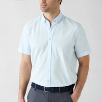 Light Blue Short Sleeve Regular Fit Button-Down Collar Sporty 100% Cotton Breathable Linen Look Shirt